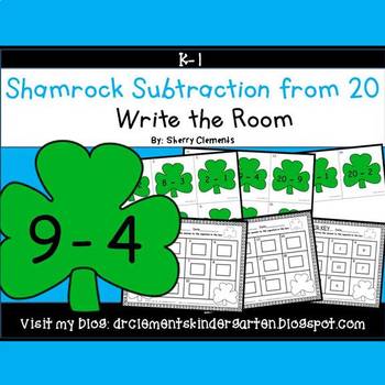 Preview of St Patricks Day Subtraction from 20 | Shamrocks | Math Center | Write the Room