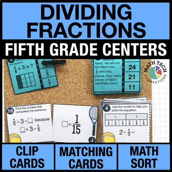 Preview of 5th Grade Math Centers Review Dividing Fractions Task Cards, Games, Test Prep