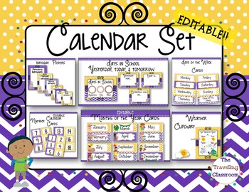 Preview of Editable Calendar Set - Polka Dot Chevron Theme