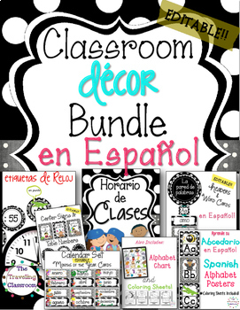 Preview of Editable Spanish Classroom Decor Bundle (BLACK & WHITE POLKA DOT)