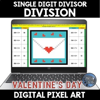 Preview of Long Division Single Digit Divisor Valentine's Day Digital Pixel Art