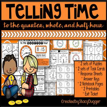 Preview of Telling Time to the Quarter Hour, Half Hour and Whole Hour Task Cards and More