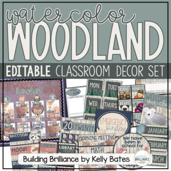 Preview of Watercolor Woodland Animals Complete Classroom Decor Bundle (EDITABLE!)