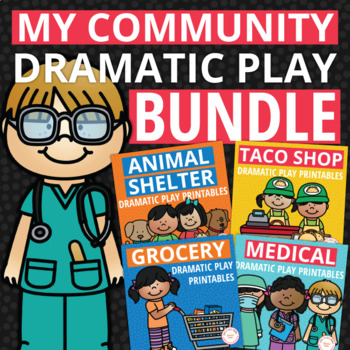 Preview of Dramatic Play Printables Bundle Pretend Play Grocery Hospital Restaurant Animal