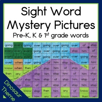 Preview of Dinosaur Color by Sight Word Mystery Picture Worksheets