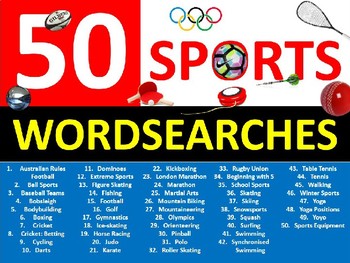 Preview of 50 x Sports Wordsearches PE Fitness Health Starter Settler Activity Homework