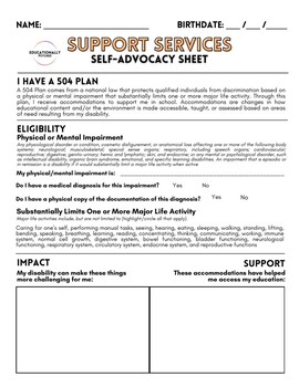 Preview of 504 Plan Self Advocacy Sheet