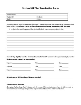 Preview of 504 Plan Termination Form Template (Editable)