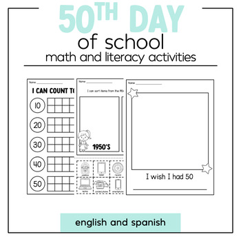 Preview of 50th Day Of School | 50th Day activities Spanish and English