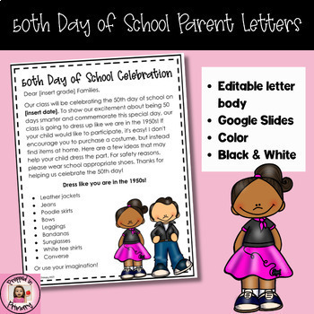 Preview of 50th Day of School Parent Letter Template - 50s Day