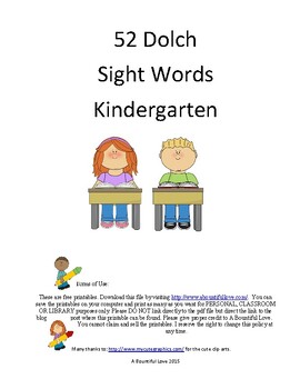 Preview of 52 Dolch Sight Words For Kindergarten