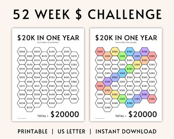 20K 52 Week Saving Challenge Printable, 20000 in 1 Year, House