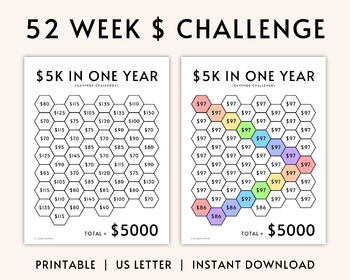 52 Week Savings Challenge, Save $5000 in 52 Weeks, Printable Money Tracker