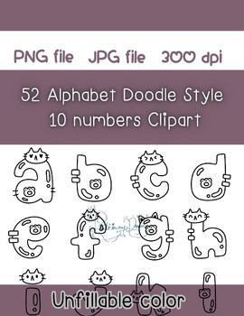 Preview of 52 alphabet doodle letters and 10 Numbers Clip Art, Out line Hand Drawn Cute Cat