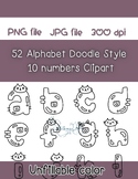 52 alphabet doodle letters and 10 Numbers Clip Art, Out li