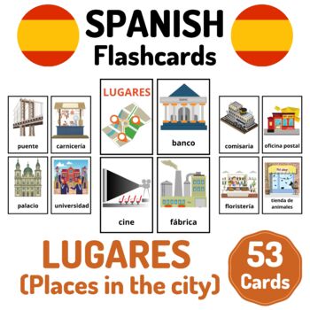 Preview of 53 Spanish Places in the City Vocabulary Flashcards - Lugares en la Ciudad