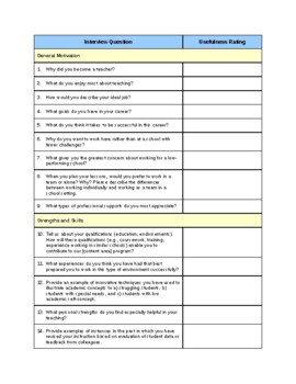 Preview of 53 Teachers interview questions form with a column for rating for each question