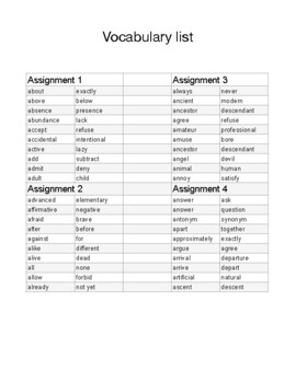 antonym for assignments