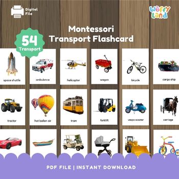 Preview of 54 Montessori Trasport Cards, Nomenclature Cards, Real Image, Transportation Fla
