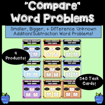 Preview of 540 Addition/Subtraction Compare Word Problem Task Cards Bundle!