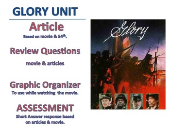 Preview of 54th Mass, movie Glory, article historical inaccuracies, test, graphic organizer