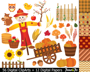 Preview of 56 Fall Clipart Harvest Clip art Scarecrow Autumn Image leaves Paper Background
