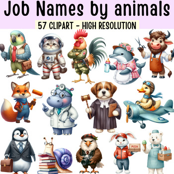 Preview of 57 Occupations Presented by Animals - Clip Art to Learn Job Names Vocabulary