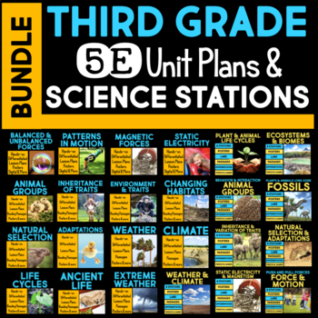 Preview of 5E Unit Plans AND Science Centers MEGA BUNDLE for Third Grade NGSS Activities