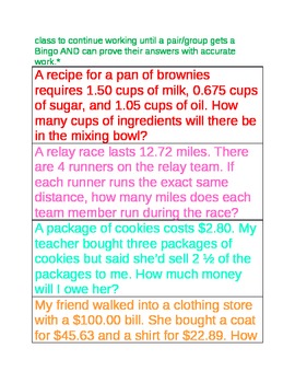 5nbt7 add subtract multiply and divide decimal word problem bingo