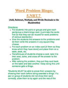 Preview of 5.NBT.7 Add, Subtract, Multiply, and Divide Decimal Word Problem Bingo