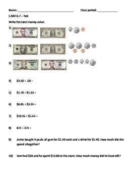 Preview of 5.NBT.B.7 Money worksheet - test with visuals, word problems - add & subtract