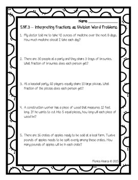 5.NF.B.3 - Interpreting Fractions as Division Test/Practice Sheet
