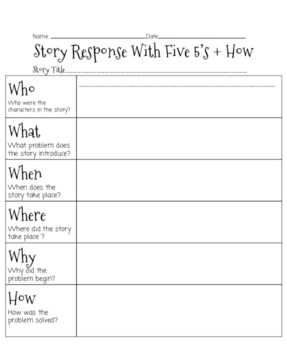 Preview of 5W's + How Story Response Sheet