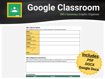 Preview of 5W's Summarization Graphic Organizer For Google Classroom / Docs