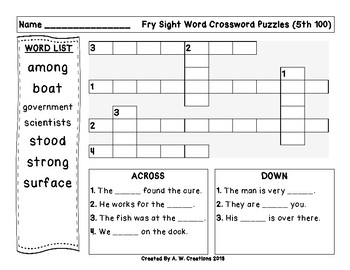 5th 100 Fry Sight Words Crossword Puzzles by A W Creations TpT