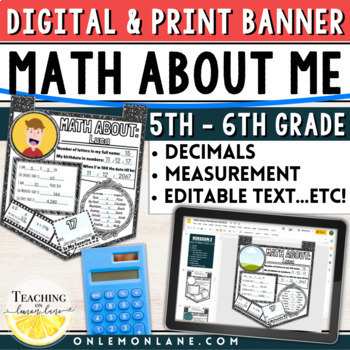 Preview of 5th 6th Grade 1st day of school Math Activities Numbers About Me Activity Banner