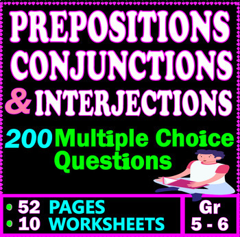 Preview of 5th - 6th Grade ELA Worksheets: Prepositions, Conjunctions, and Interjections.