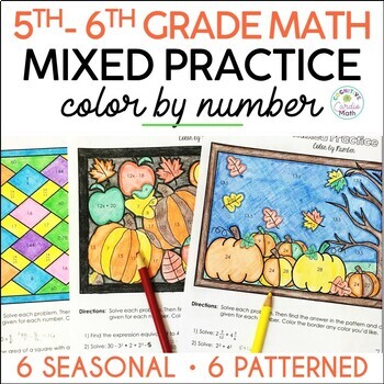 Preview of 5th-6th Grade Math Color by Number Activities Mixed Math Review