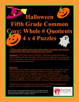 Preview of 5th (Fifth) Grade Common Core- Halloween Whole Number Quotient Division - FREE
