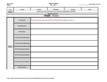 5th Fifth Grade Weekly Lesson Plan Template w/ Florida Standards Drop