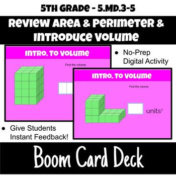 Preview of 5th Grade, 5.MD.3-5 Review Area/Intro. to Volume of Rectangular Prism Boom Cards