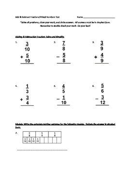 5th grade add subtract fractions and mixed numbers test