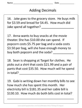 5th grade add subtract multiply and dividing decimals worksheet