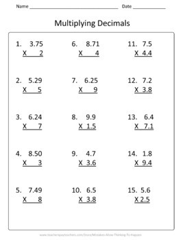 5th Grade Add Subtract Multiply and Dividing Decimals Worksheet