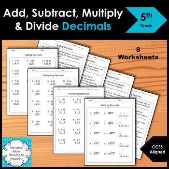 Preview of 5th Grade Add Subtract Multiply and Dividing Decimals Worksheet Practice Set