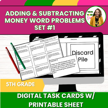 Preview of 5th Grade Adding &Subtracting Money Math Word Problems Digital Task Cards Set 1