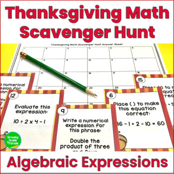 Preview of 5th Grade Algebra Thanksgiving Math Task Cards Scavenger Hunt 