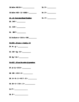 5th Grade Algebraic Expressions Equations Inequalities Order of Operations
