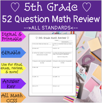 Preview of 5th Grade All Year Math Review, Final, Summer Packet, Test Prep {Digital}