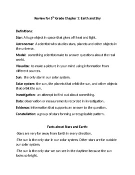 Preview of 5th Grade Amplify Patterns of Earth and Sky Review Sheet and Test-Chapters 1-3